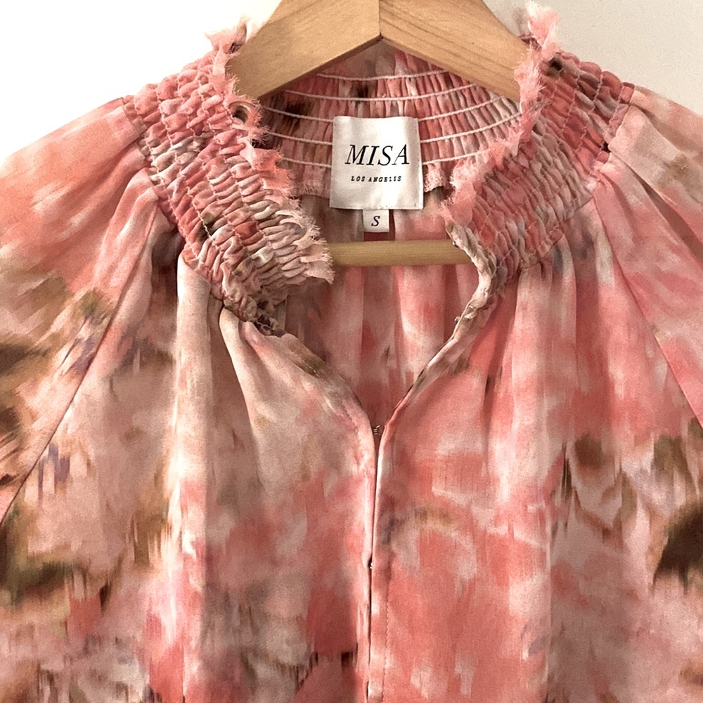 Misa Los Angeles Pink Long Sleeve Ruffled Blouse with Mandarin Collar - Picture 2 of 7